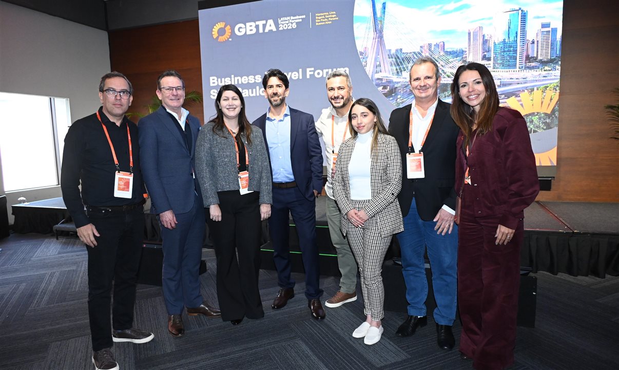 Felipe Mesquita, da Copastur, Luiz Carlos Benner, da Taticca, Gabriela Oliveira, do BTG Pactual, Daniel Duarte, da GBTA, o consultor Marco Penteado, Carolina Camacho, da GBTA, Ronaldo Linares, da Accenture, e Joyce Macieri, da Minerva Foods