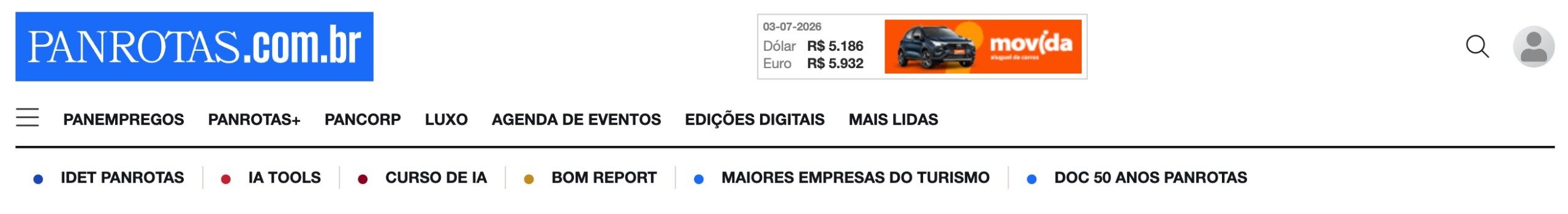 Novo cabeçalho do Portal PANROTAS destaca nossos principais conteúdos