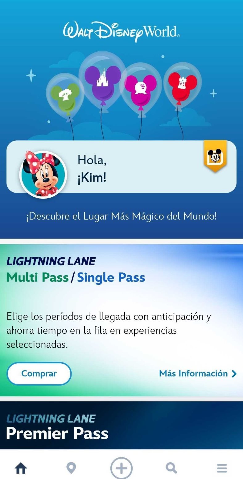 Página inicial do My Disney Experience em espanhol