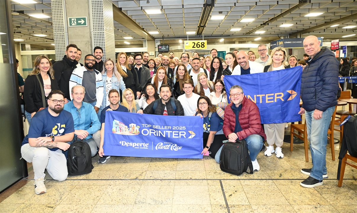 Ponto de partida: grupo em Guarulhos antes de embarcar para Porto Rico, destino da viagem de premiação dos Top Sellers 2025 da Orinter
