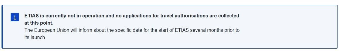Mensagem atualizada no site oficial do ETIAS
