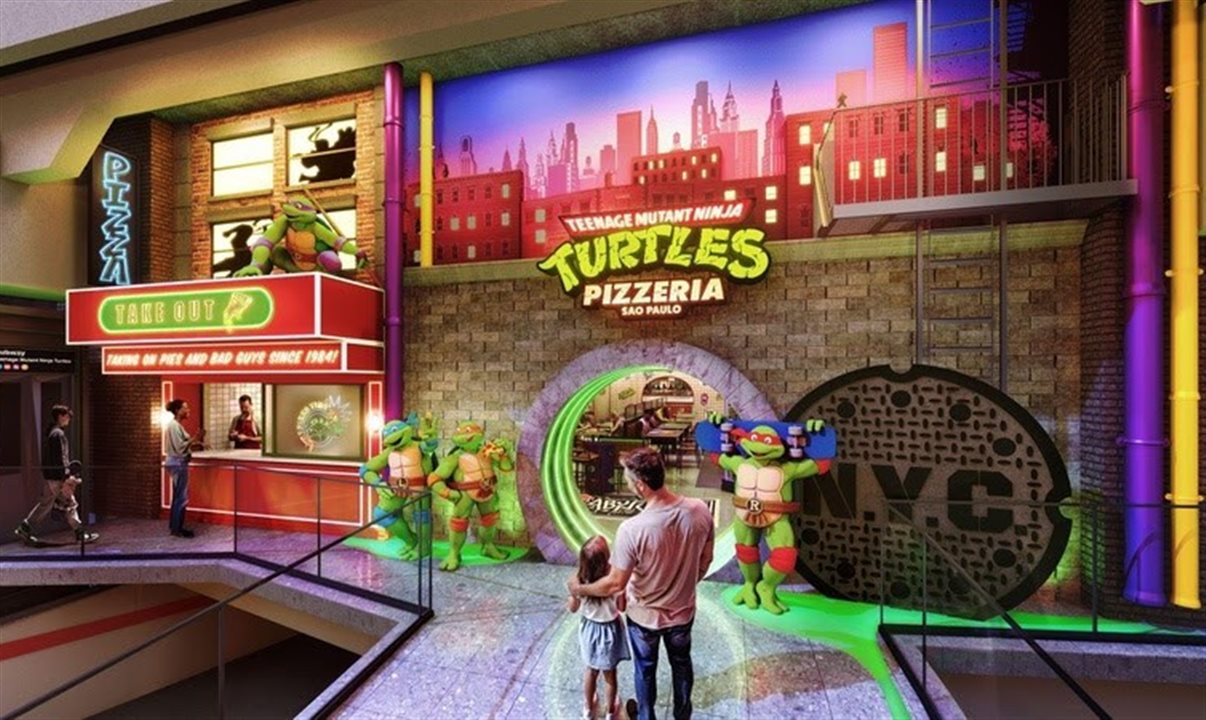 A entrada cenográfica do restaurante faz referência aos esgotos de Nova York