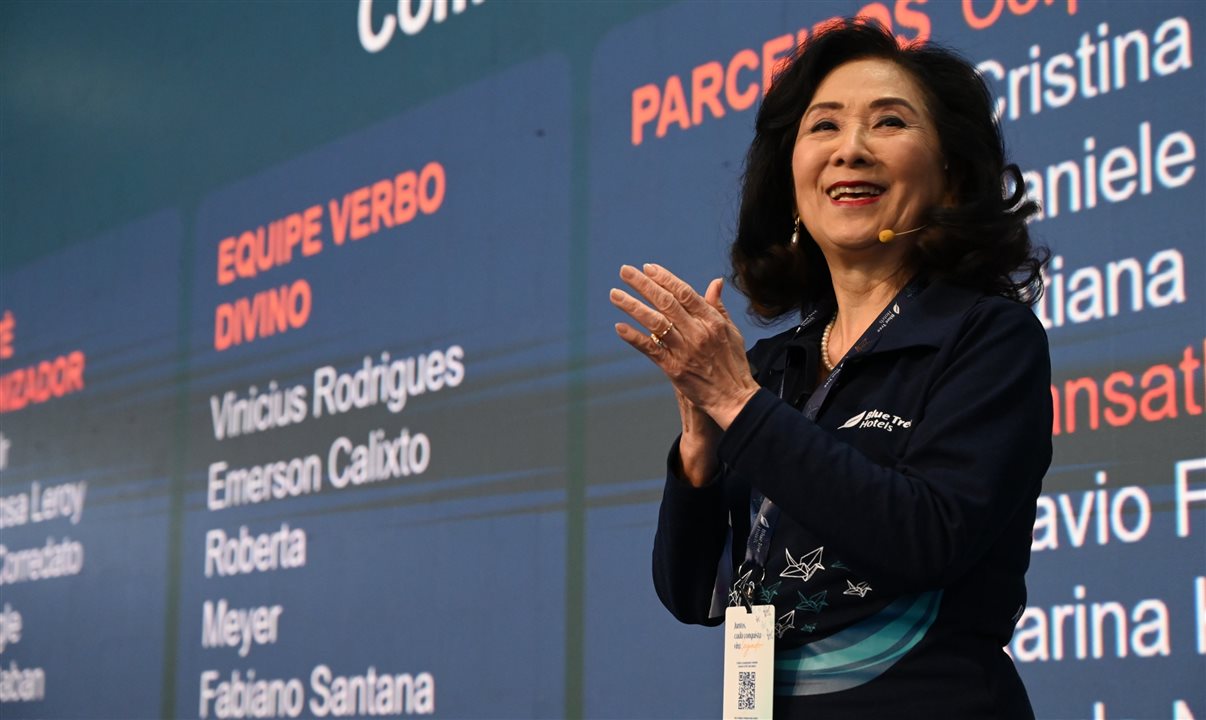 Chieko Aoki, CEO da Blue Tree Hotels, na abertura da convenção anual da empresa