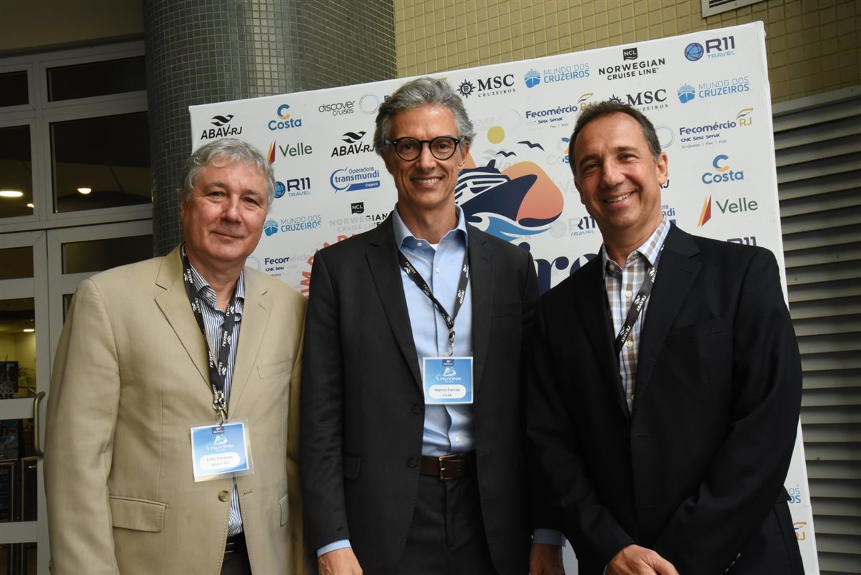 Luiz Strauss, VP da Abav-RJ, Marco Ferraz, presidente da Clia Brasil, e Marcelo Siciliano, presidente da Abav-RJ
