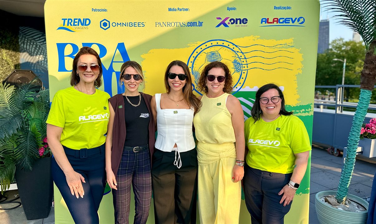 Luana Nogueira, da Alagev, Noah Britto, da Trend, Joyce Macieri, da Alagev, Patricia Thomas, da Omnibees, e Andrea Matos, da Alagev