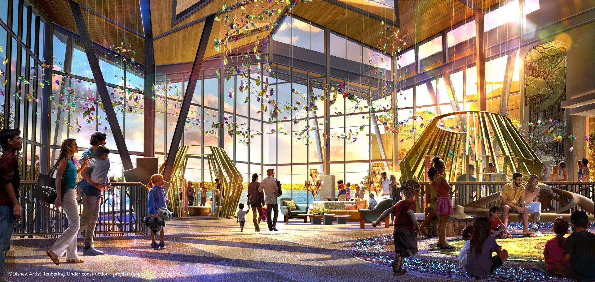 Um dos destaques é o lobby principal do resort, inspirado no filme Pocahontas