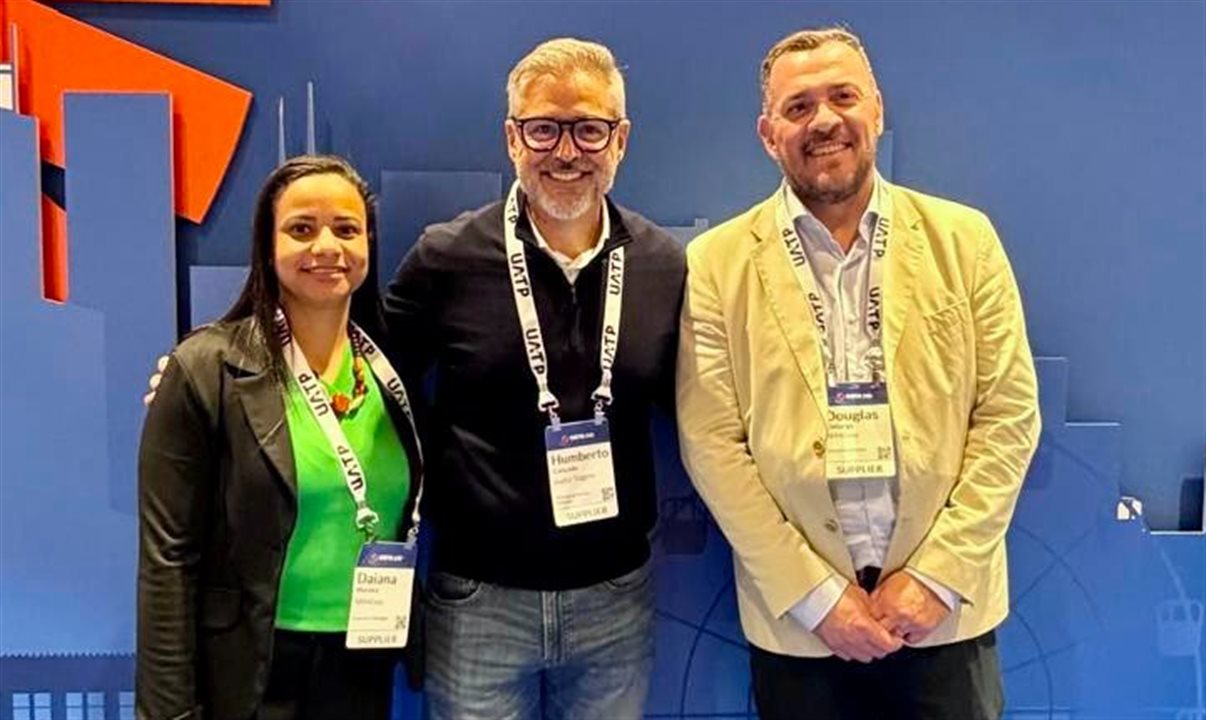 Humberto Cançado na GBTA 2026, com Daiana Moreira e Douglas Camargo, da Abracorp