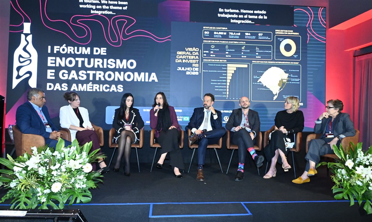 José Vicente Ramos, da Artos Capital, Juliana Mello, da Fortesec, Juliana Bettini, do BID, Ana Biselli, da Setur-SP, Daniel Nepomuceno, da ONU Turismo, Eduardo Lorea, da InvestRS, Milena Pedrosa, da Invest Minas, e Vanja Hertcert, arquiteta de vinícolas