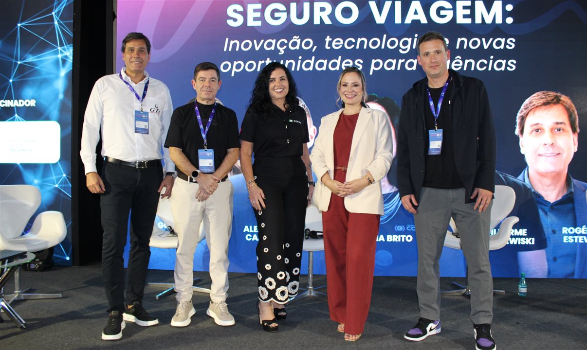 Rogério Esteves, da GTA, Alexandre Camargo, da Assist Card, Claudia Brito, da Coris, Liliana Gonzalez, da Linkka, e Guilherme Wroclawski, da Hero Seguros