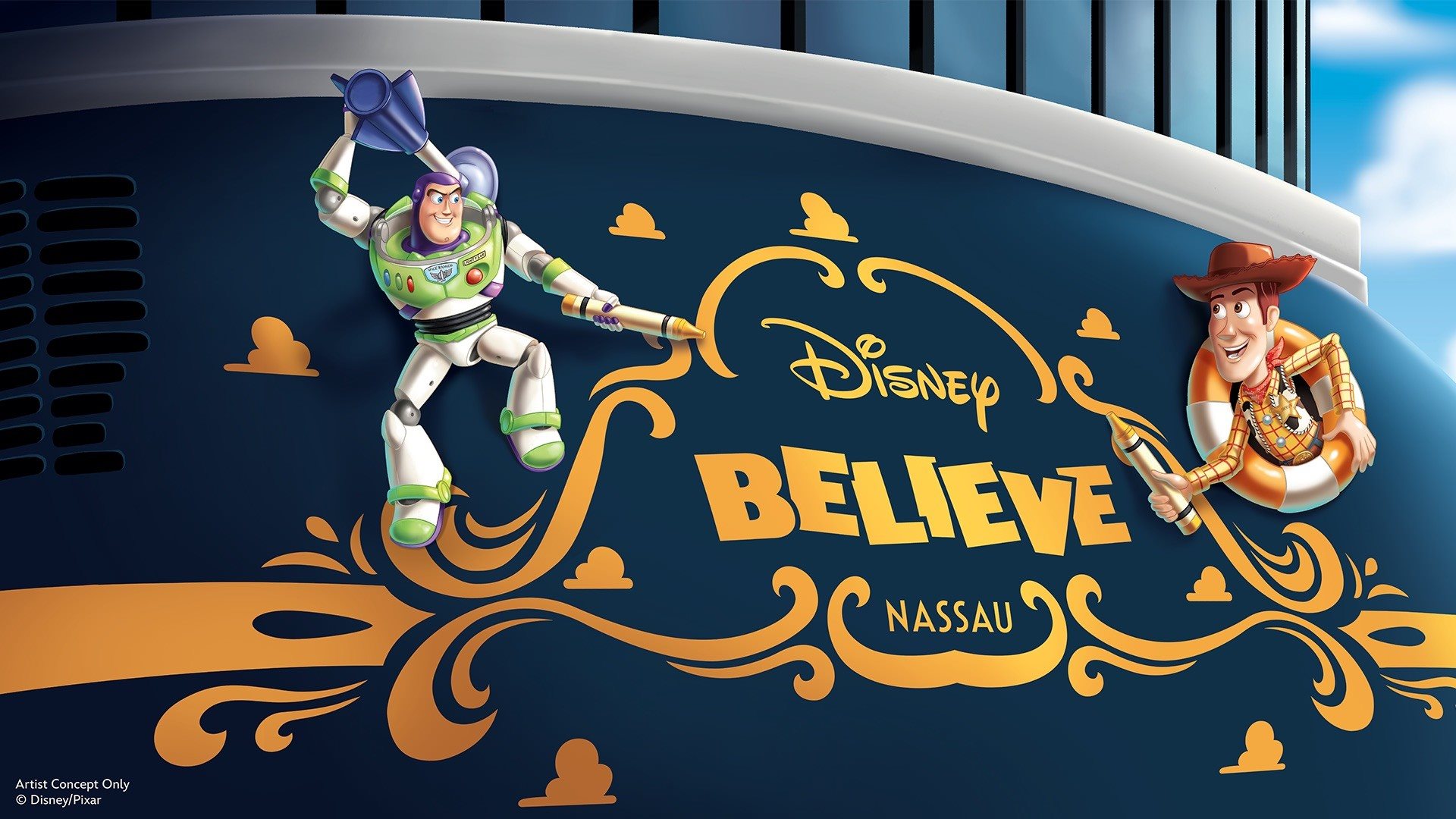 Na parte traseira do navio, Woody e Buzz Lightyear, de Toy Story, vão trabalhar juntos para escrever o nome do navio