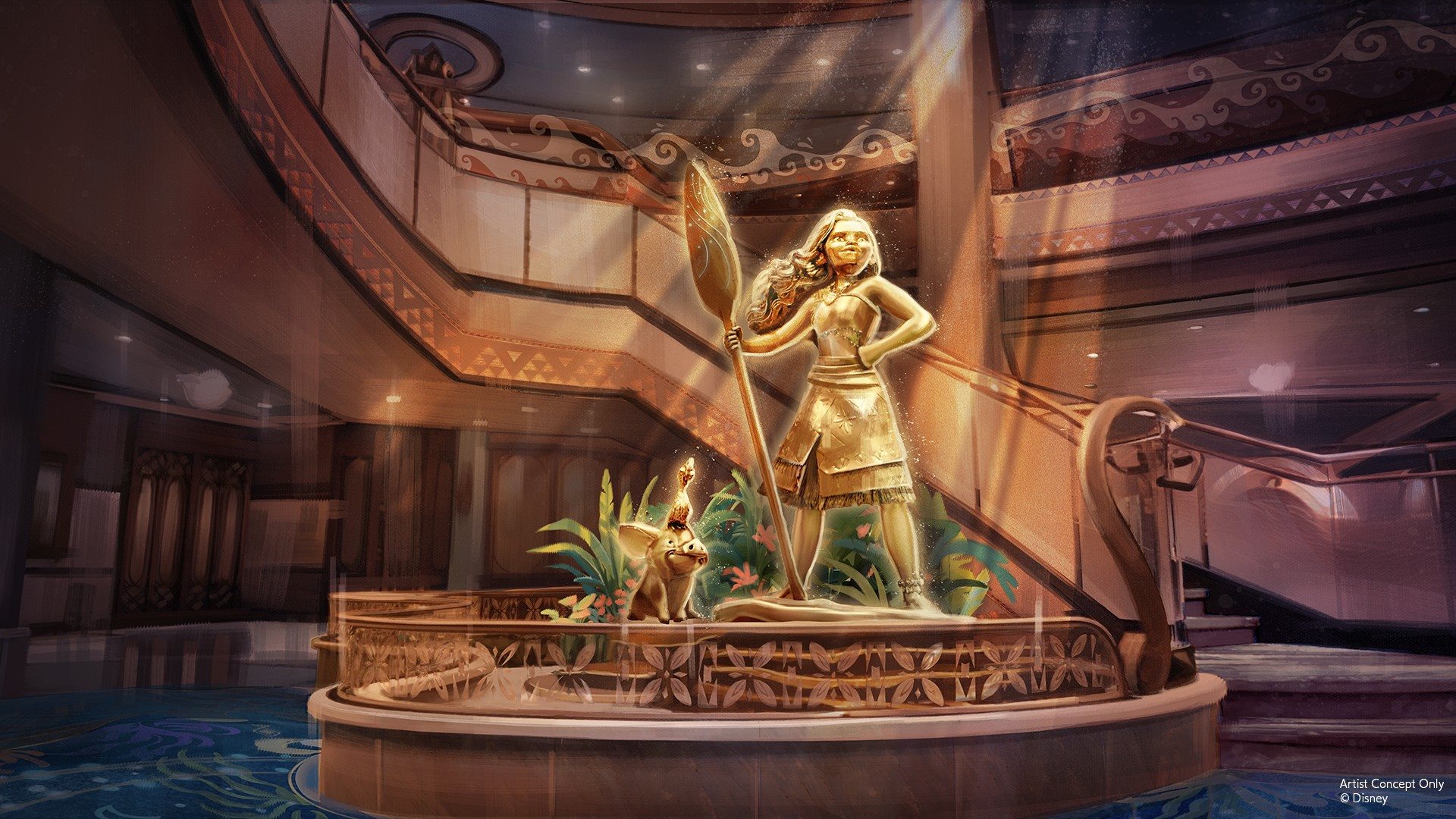 No centro do Grand Hall estará uma grande escultura de Moana, acompanhada por seus companheiros Pua e Heihei. A personagem será representada olhando em direção a novos horizontes, reforçando o conceito de descoberta que estará presente no espaço