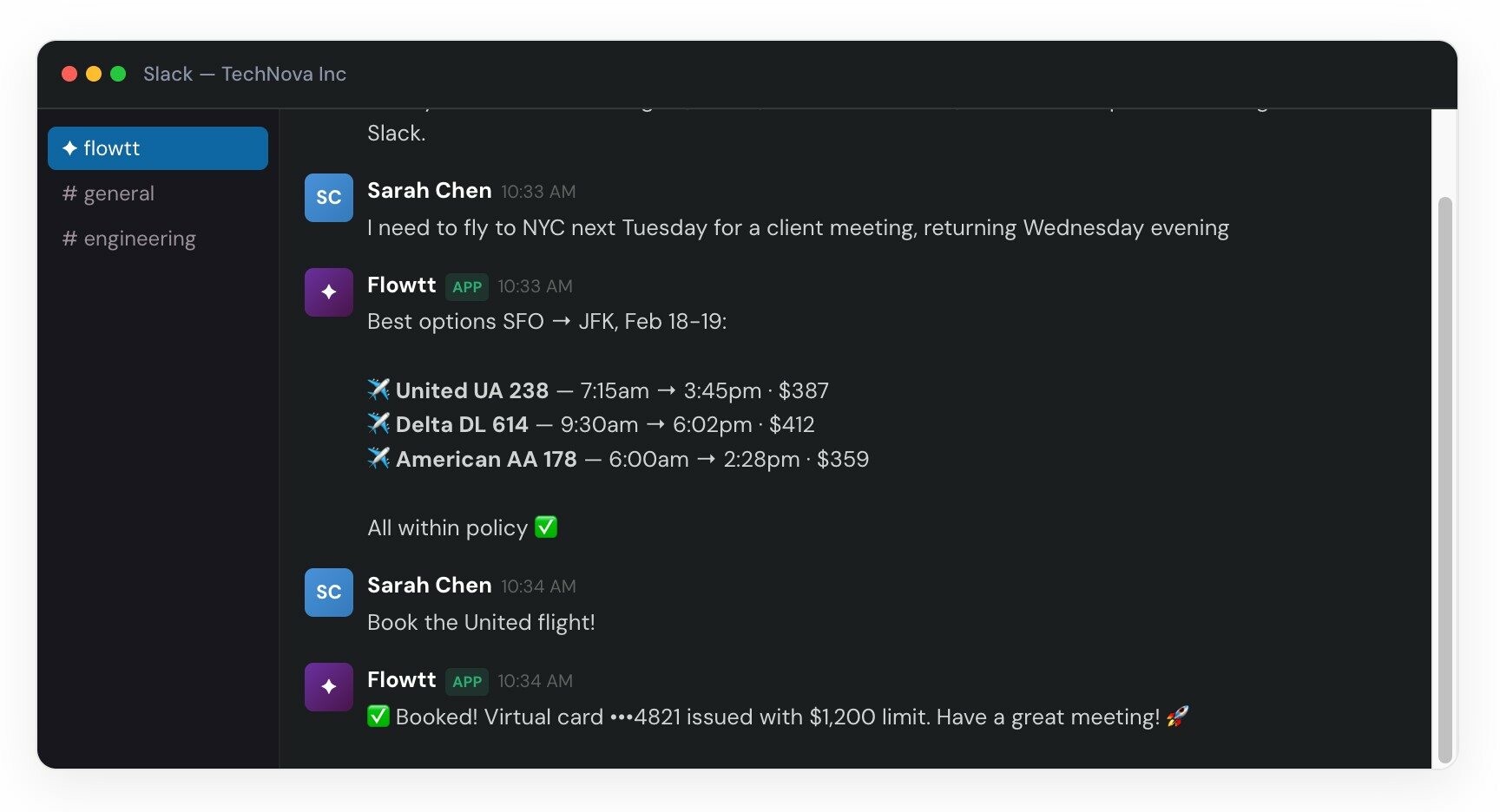 Reprodução da Flowtt inserida no Slack da empresa