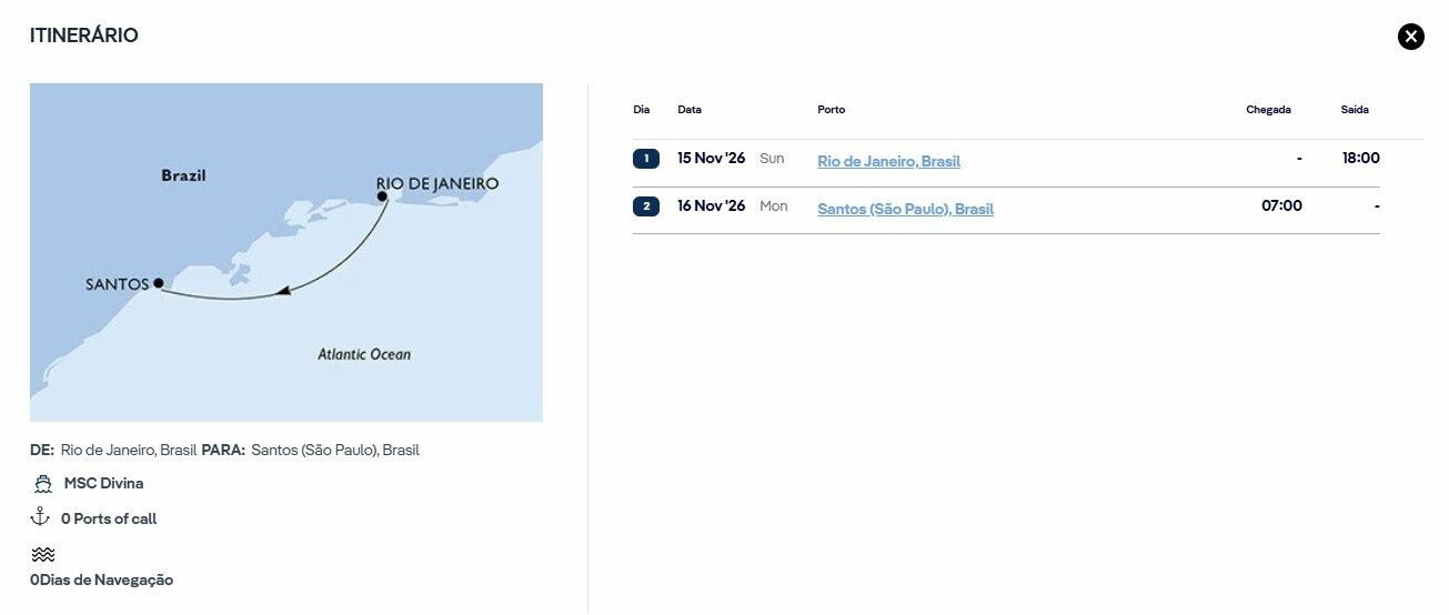 Nas ofertas de uma noite identificadas no sistema da MSC, o roteiro envolve as cidades de Santos (SP) e Rio de Janeiro