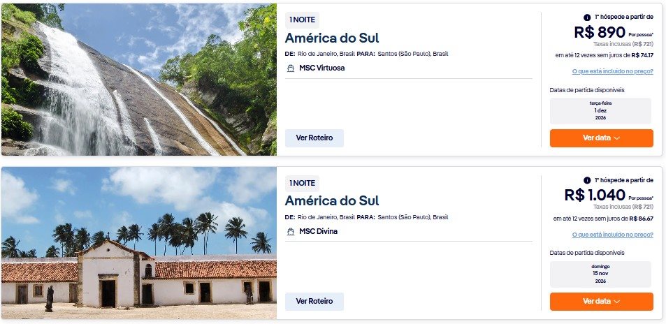 Preço e itinerário divulgado no site oficial da MSC