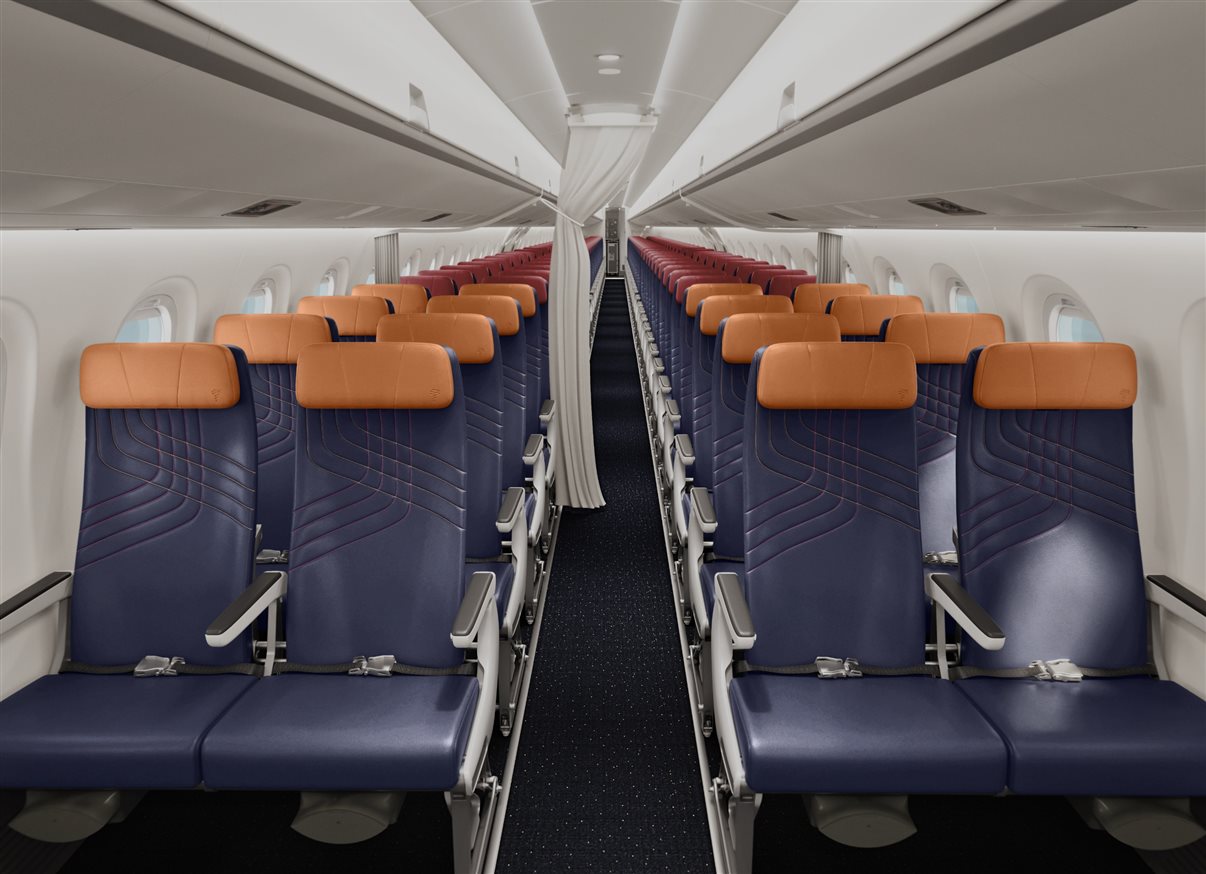 A Premium Economy do E195-E2 terá mais espaço para as pernas, maior reclinação e serviço diferenciado