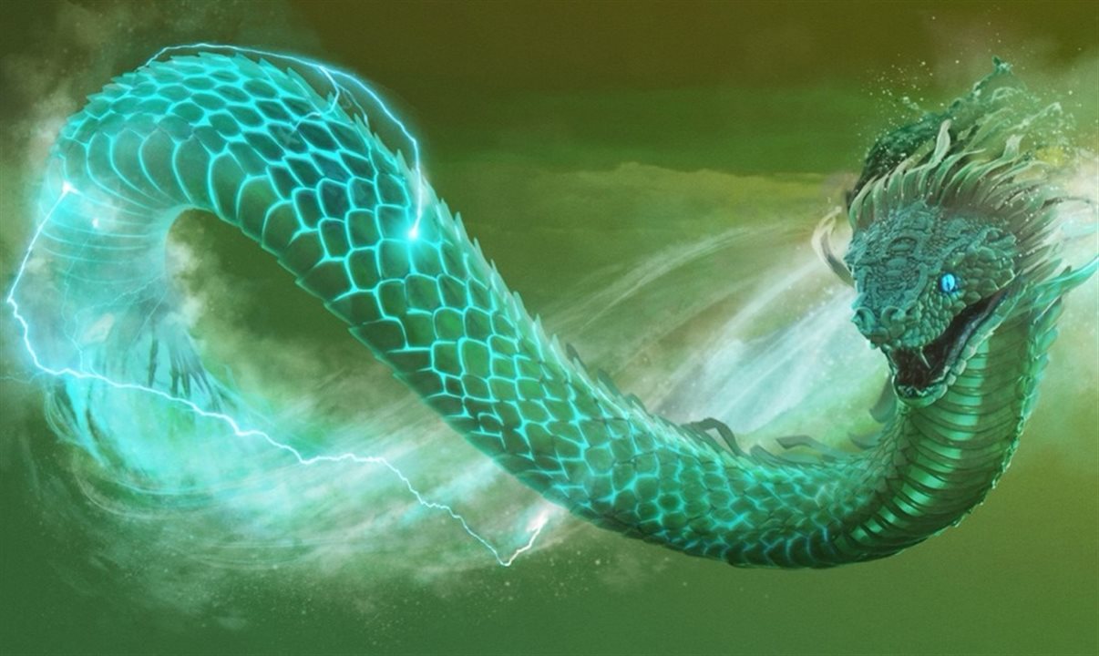 Arte conceitual do Tsukán, a criatura mítica em forma de serpente que os visitantes encontrarão na nova atração Indiana Jones and the Myth of the Jade Serpent, no Disney’s Animal Kingdom