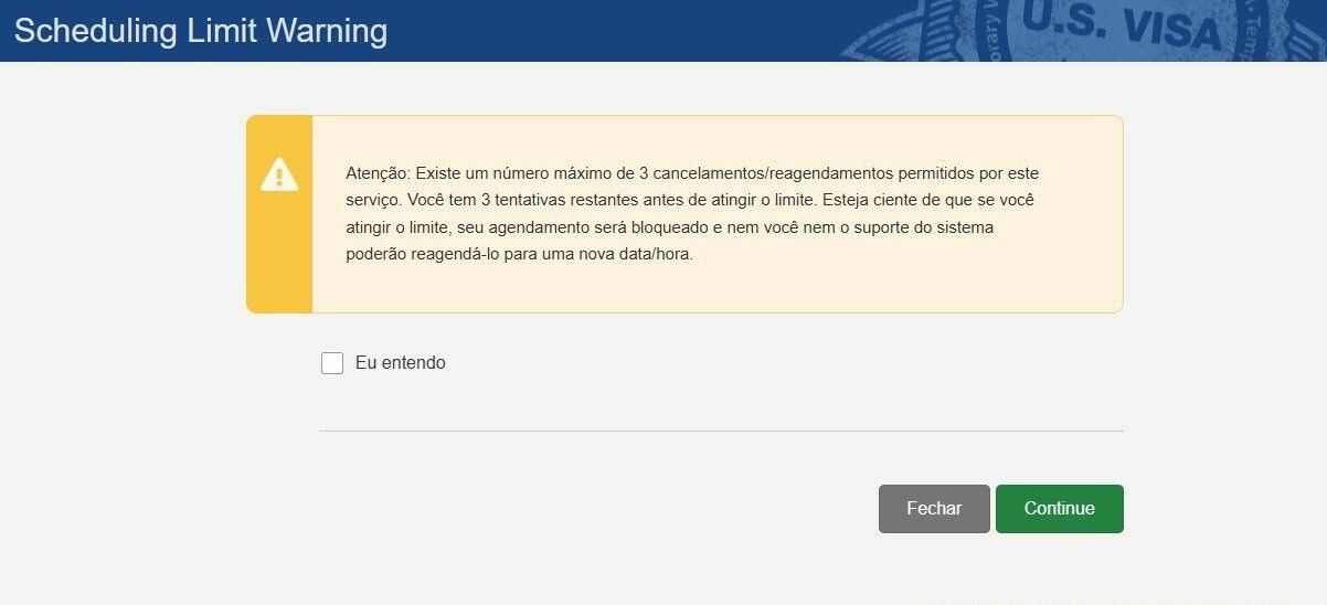 Alerta no site oficial do processo de visto americano no Brasil