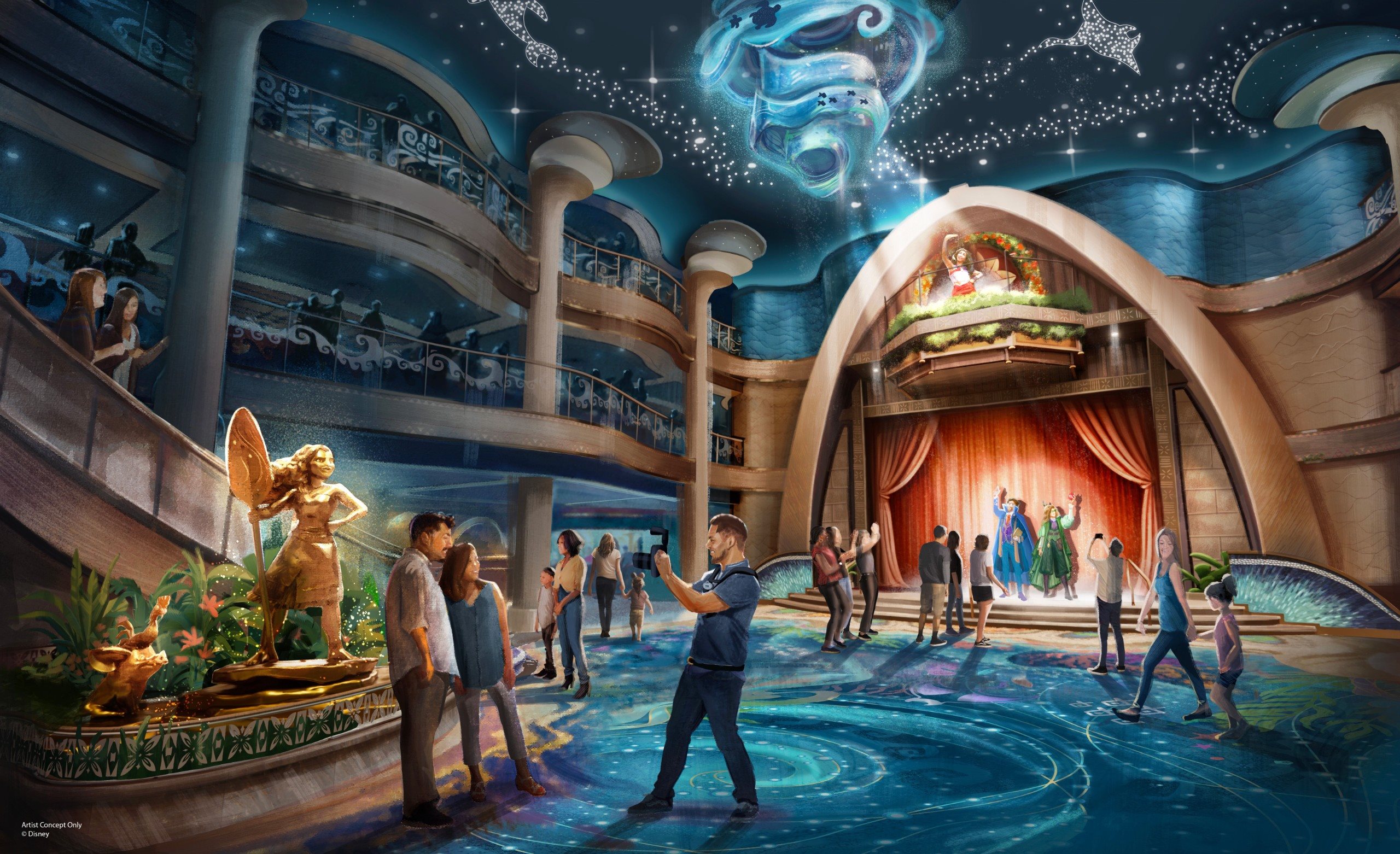 Grand Hall, espaço central do navio, terá inspiração em Moana