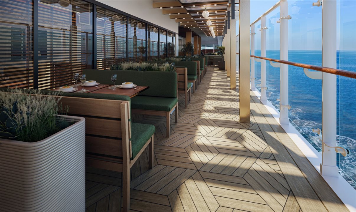 Passageiros também poderão fazer suas refeições no terraço do restaurante, com vista para o mar