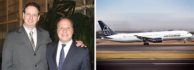 Na home, o diretor da Mexicana, Adolfo Crespo; acima ele com Luís Augusto dos Santos, representante da empresa no Brasil e o Boeing 767-200, que vai voar na rota Cidade do México-São Paulo (GRU)