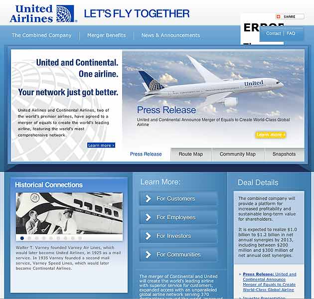 Reprodução do site da United Airlines e Continental Airlines