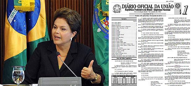 A presidente Dilma e a capa do <i>Diário Oficial da União</i> de hoje, onde traz a regulamentação