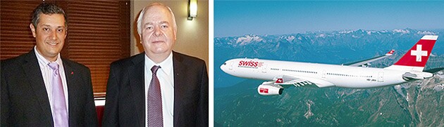 Na home, o diretor geral da Swiss para a América Latina, Markus Altenbach; acima, ele com o gerente de Marketing da empresa, Arturo Kelmer, e o Airbus A340, que faz a rota entre a Suíça e o Brasil (foto divulgação)