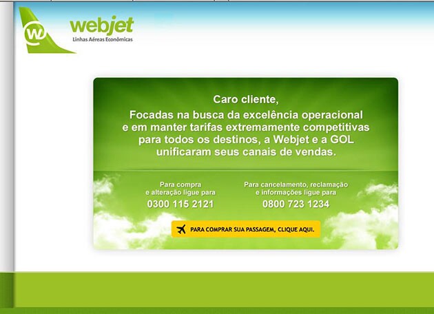 Site de Webjet redireciona clientes para portal da Gol (reprodução)