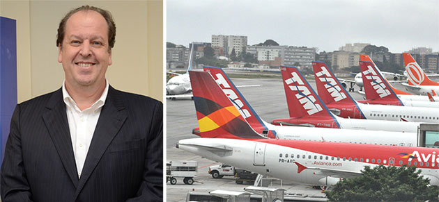 Aeronaves no Aeroporto de Congonhas, em São Paulo; à esquerda, o presidente da Abear, Eduardo Sanovicz