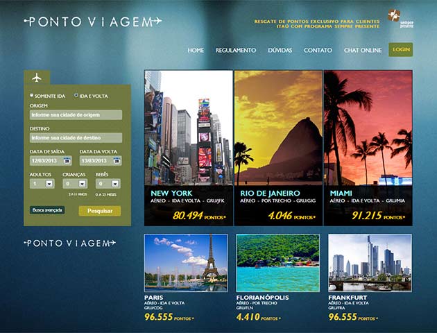Site da Ponto Viagem, que faz a troca imediata da pontuação nos cartões Itaú por passagens aéreas em mais de 80 empresas