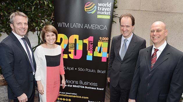 Vincent Lhoste, diretor de Projetos da Reed Travel Exhibitions, a presidente do Conselho da WTM, Jeanine Pires, o VP da Braztoa, Eduardo
Barbosa, e o diretor da WTM Latin America, Lawrence Reinisch Vincent Lhoste, diretor de Projetos da Reed Travel Exhibitions, a presidente do Conselho da WTM, Jeanine Pires, o VP da Braztoa, Eduardo
Barbosa, e o diretor da WTM Latin America, Lawrence Reinisch