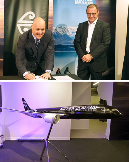 Christopher Luxon, presidente da Air New Zealand, e o CEO do Turismo da Nova Zelândia, Kevin Bowler, na assinatura do memorando. Acima, a nova pintura do B787-9