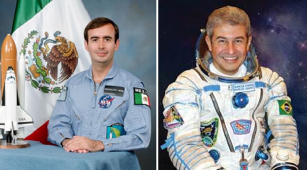 Os astronautas Rodolfo Neri Vela, do México, e Marcos Pontes, do Brasil, participarão de ações no Kennedy Space Center entre julho e agosto (foto: divulgação)