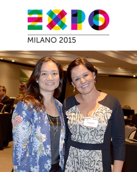 O logotipo da Expo Milano e as duas diretoras da Top DMC, Fernanda Hashiba e Angela Barros