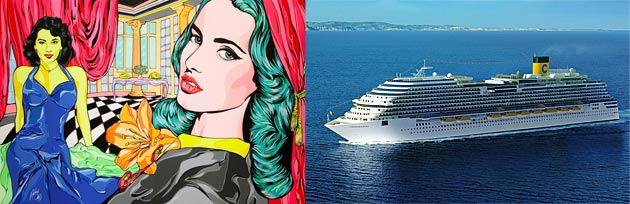 Um dos exemplares de arte pop que decorarão o Costa Diadema e a projeção do navio