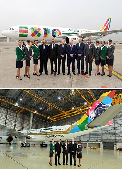 As aeronaves escolhidas para exibirem a pintura em homenagem à Expo 2015: no alto, o Airbus da Alitalia; acima, o da Etihad (fotos: divulgação)