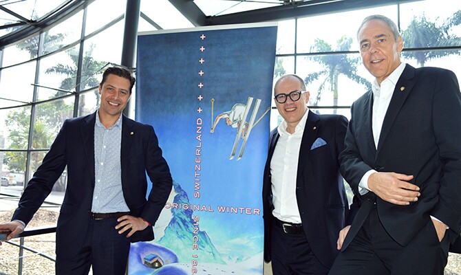 Adrien Genier, gerente de Mercado do Switzerland Tourism no Brasil, Juerg Schmid, CEO do órgão, e Urs Eberhard, VP Executivo de Mercados
