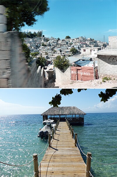 Lados A e B do Haiti: no alto, uma das muitas favelas no entorno da capital. Acima, o belíssimo mar do Caribe - menos de 100 km separam as duas paisagens