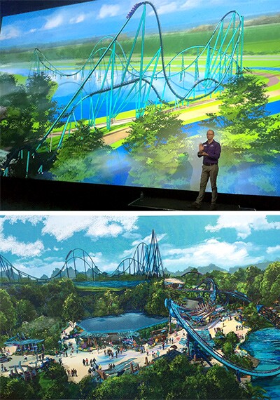 Na imagem superior, o diretor de Criação do parque, Brian Morrow, apresenta a atração