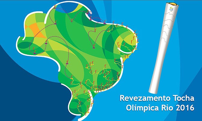 A tocha olímpica à direita e, à esquerda, as cidades que serão o destino final da chama Olímpica a cada dia do revezamento (divulgação)